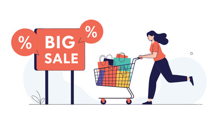 Energetic woman running with a shopping cart full of bags past a large advertisement sign for a big promotional discount event.