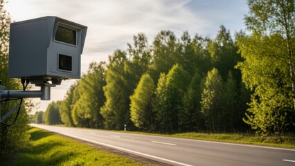 A speed camera for traffic enforcement on a rural highway. Road safety and surveillance technology concept
