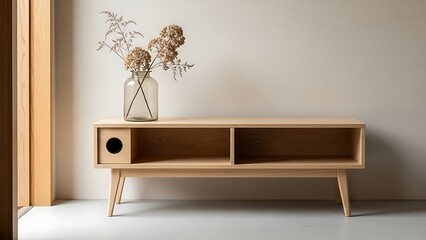 Light wood TV stand with glass vase and dried flowers