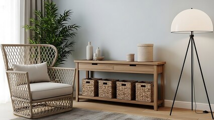 Wicker chair and console table with baskets floor lamp