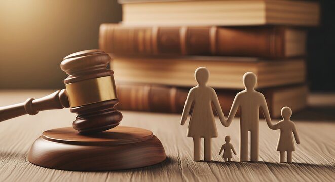 Family law concept with wooden gavel and family figures