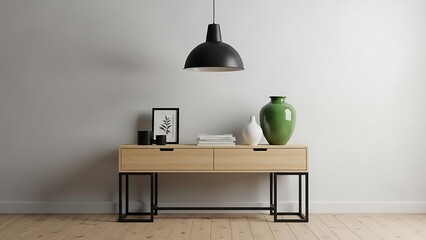 Console table with green vase and books black light