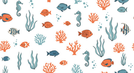 Obraz premium Detailed underwater scene seamless pattern featuring various fish, seahorses, coral, and seaweed in soft blue and orange color tones.
