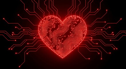 Glowing red heart shaped circuit board on black background with electronic connections
