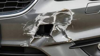 Close-up of a scratched and dented gray car bumper after an accident. Vehicle collision damage requiring auto body repair and an insurance claim