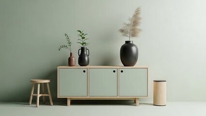 Sage green cabinet with vases and stool wooden furniture