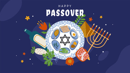 Passover, Pesach holiday vector design. Greeting card or banner with traditional Jewish icons and spring elements. Festive   lettering for seasonal decoration and celebration materials.