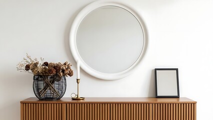 Wooden sideboard with mirror and vase round mirror