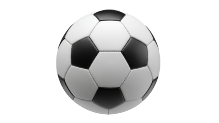 A soccer ball with black and white panels is displayed prominently on transparent background