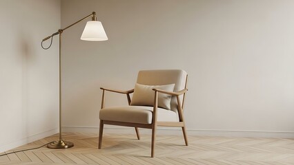 Beige chair with floor lamp wooden chair white pillow