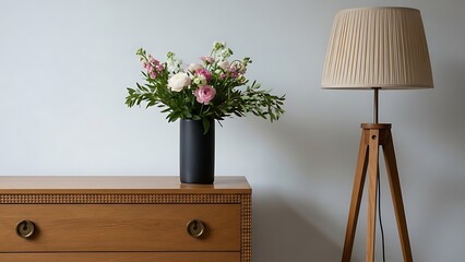 Wooden dresser with flowers and lamp black vase colorful flowers