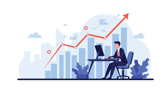 Motivated businessman working on a computer with a large rising arrow graph and city skyline background, showing career growth success.