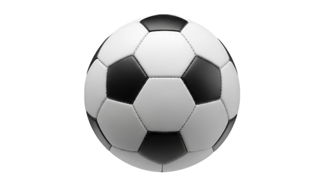A soccer ball with black and white panels is displayed prominently on transparent background - Powered by Adobe