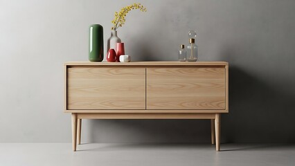 Light wood sideboard with vases and bottles on yellow flowers