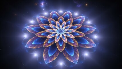 abstract floral symmetry with vibrant glowing petals and cosmic background