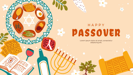 Passover, Pesach  cute festive banner. Traditional seder plate, matzo, wine and spring holiday symbols in a clean vector style. Perfect for greeting cards, invitations and holiday decoration.
