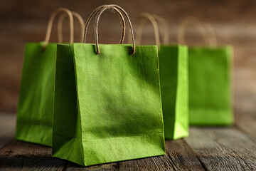Green shopping bags on brown background