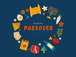Happy Passover ,Pesach vector illustration with wine, matzah and traditional holiday symbols. Flat hand drawn style perfect for web banners, landing pages, greeting cards and spring festive templates.