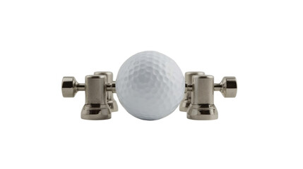 Golf ball secured between two metal guitar tuning pegs, isolated on white background, symbolizing unique music and sport fusion