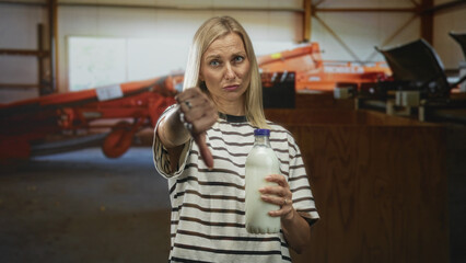 Middle aged blonde woman holds a milk bottle and gives a thumbs down with her hand toward camera inside a storage building with machinery visible; disapproval food safety.