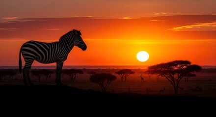 A solitary zebra stands majestically in silhouette against a breathtaking African savanna sunset, where vibrant orange and red hues paint the vast sky, capturing the serene and untamed beauty