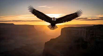 Majestic bald eagle in powerful flight, wings wide, soaring over vast sun-drenched canyon cliffs during a stunning golden sunset, embodying natural freedom and wild beauty
