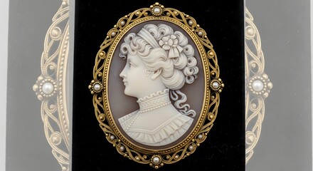 Elegant antique cameo brooch with a finely carved woman's profile, set in an ornate gold-toned frame adorned with delicate pearls, a timeless collectible