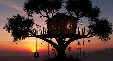 Dreamy treehouse silhouette at sunset, adorned with twinkling lights and a telescope, creating a magical haven for childhood wonder and serene escapism