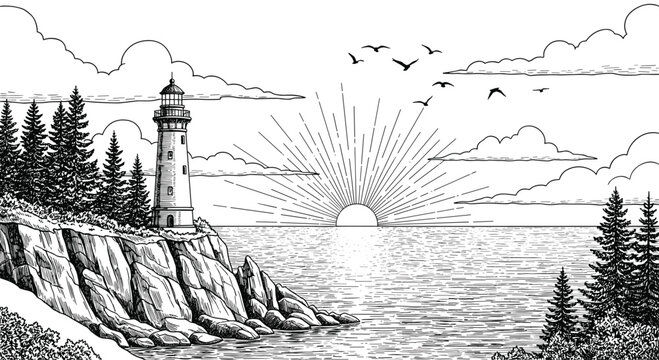 Vintage engraving style illustration of a lighthouse on a rocky cliff during a scenic sunrise over the ocean.