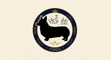 Elegant Corgi dog silhouette emblem design featuring a majestic crown and subtle background elements, ideal for pet branding, breed advocacy, or animal lover merchandise
