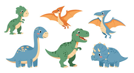 Naklejka premium Collection of various colorful cartoon dinosaur characters including a t-rex, brachiosaurus, triceratops, and pterodactyls.