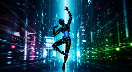 Graceful Cybernetic Dancer Illuminates a Blurry, Luminous Cityscape, Expressing Dynamic Movement Through Digital Trails and Energetic Glow