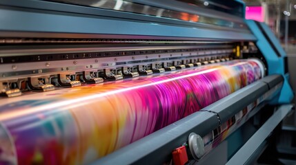 A printing machine operates in a workshop producing vibrant patterns on a roll of fabric. Workers move around focused on their tasks. The environment is lively with industry sounds.