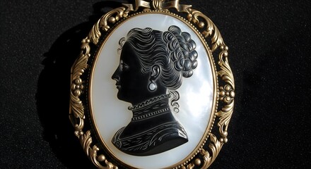 Vintage cameo pendant featuring an elegant woman's black silhouette on shimmering mother-of-pearl, framed in ornate gold, showcasing historical jewelry artistry