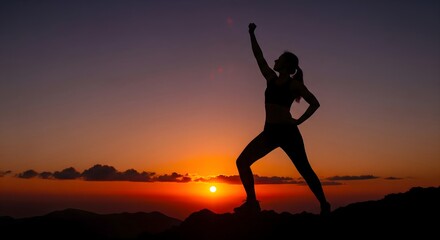 Empowered Woman Silhouette at Sunset Symbolizing Triumph, Determination, and Achievement on a Mountain Peak