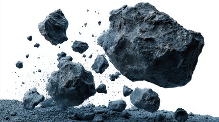 Rocks and small stones break loose and fall from a high point onto the ground during a landslide. The scene shows the forces of nature in action. Dust and debris spread around the area.