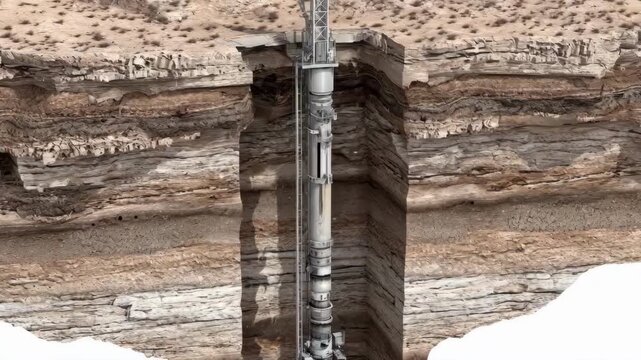 Medium shot of a geological crosssection with waste injection into multiple earth layers emphasizing environmental safety and technology in subsurface containment.