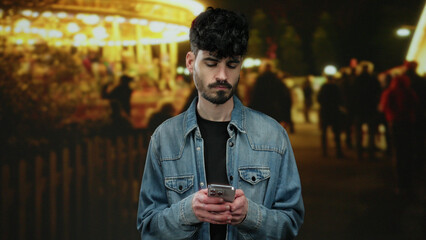 Young man using smartphone at night fair looks thoughtful with bright lights and people in background wearing casual denim jacket.