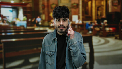 Fototapeta premium Young man smiling inside a church with a denim jacket and beard, speaking on the phone in a warm, inviting atmosphere suggesting a pleasant, peaceful interaction.