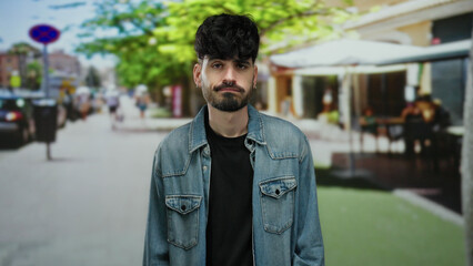 Young man stands outdoors in urban street setting with blurred background of city life and green foliage, exuding a casual yet attractive vibe in a denim jacket and black shirt