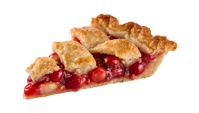 Cranberry apple pie slice with golden crust and juicy red cranberries and apples on the transparent background