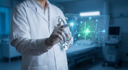 Doctor Using Futuristic Holographic Interface with Heartbeat Health Science Concept