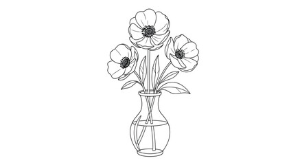 Elegant black and white line art drawing of three poppy or anemone flowers arranged in a clear glass vase with water.