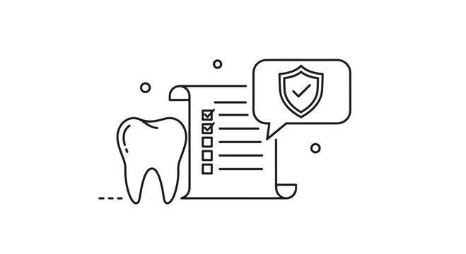 Dental insurance and care concept shown with a minimalist line art icon of a tooth next to a checklist and a protection shield.