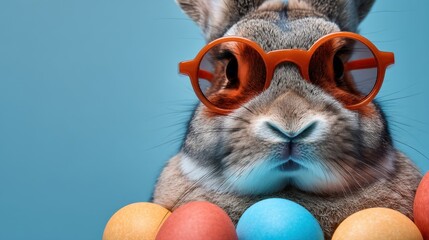 A rabbit with orange sunglasses sits in front of colorful eggs on a blue background. The setting suggests a festive time possibly related to a holiday or celebration.