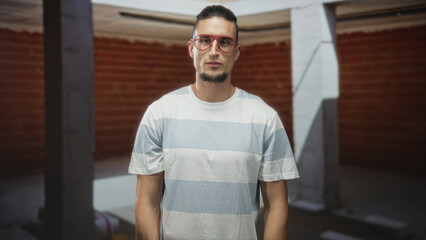 Fototapeta premium Man wearing red glasses stands facing camera with neutral expression inside an unfinished brick building; quiet confidence.