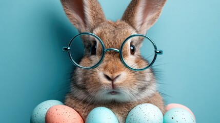 A rabbit with round glasses holds several pastel colored eggs in its paws. The setting has a light blue background suggesting a spring event or celebration.