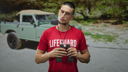 Lifeguard man holding binoculars and wearing a red lifeguard shirt beside an suv in a forest...