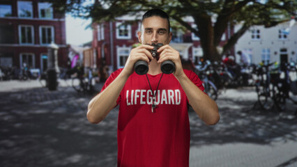 Lifeguard man holding binoculars to eyes with hands visible, wearing red lifeguard shirt in street...