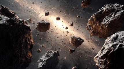 Asteroids drift through space in a vast area filled with rocks and dust. A bright galaxy shines in the background illuminating the dark space around the asteroids.